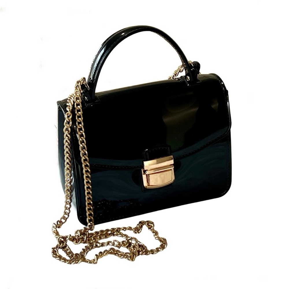 Vintage Mini Crossbody Bag Jelly Top Handle Purse Glossy Black Gold Chain
